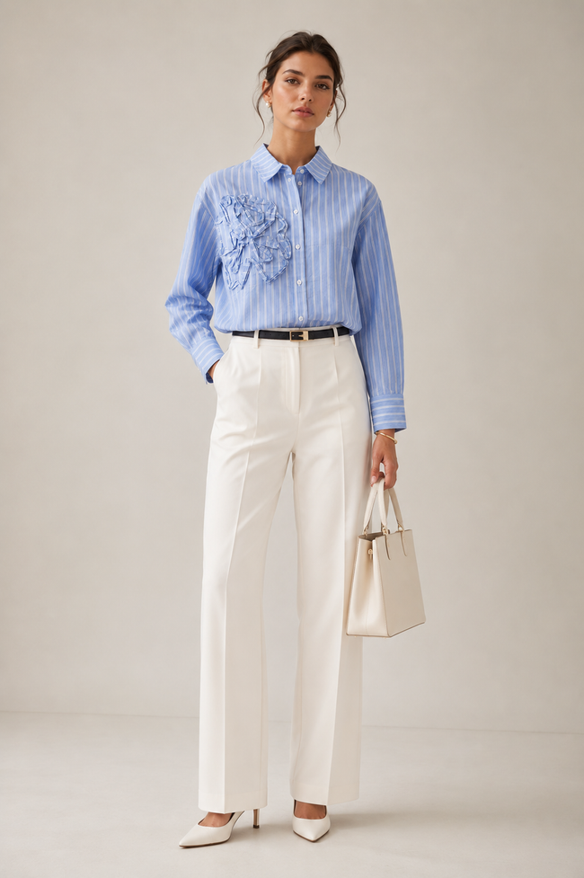 Women Blue Stripe Shirt With Ruffle Detail