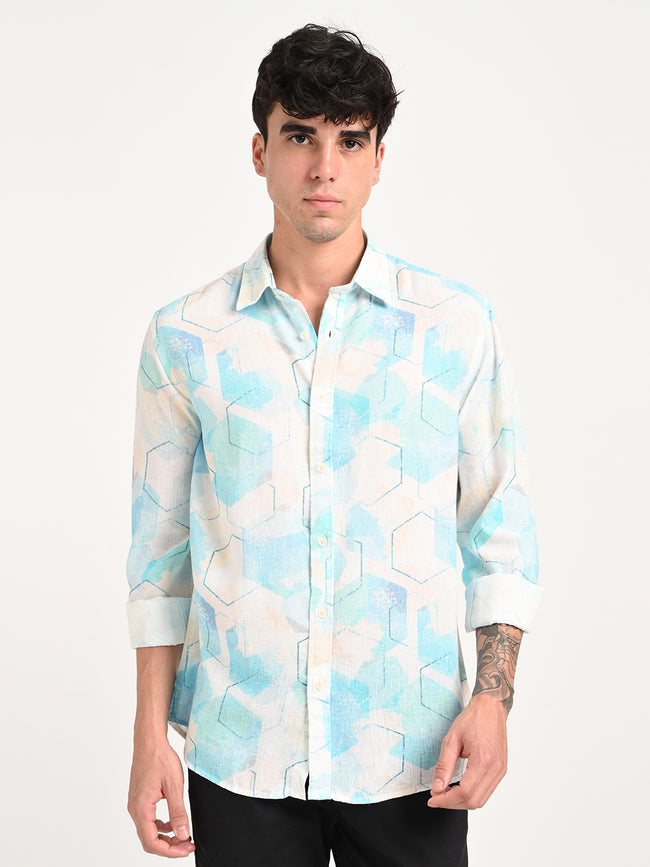 Men Digital Print Linen Blend Shirt