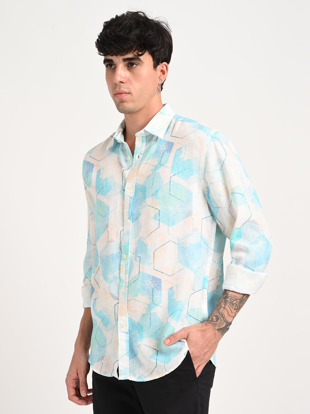 Men Digital Print Linen Blend Shirt