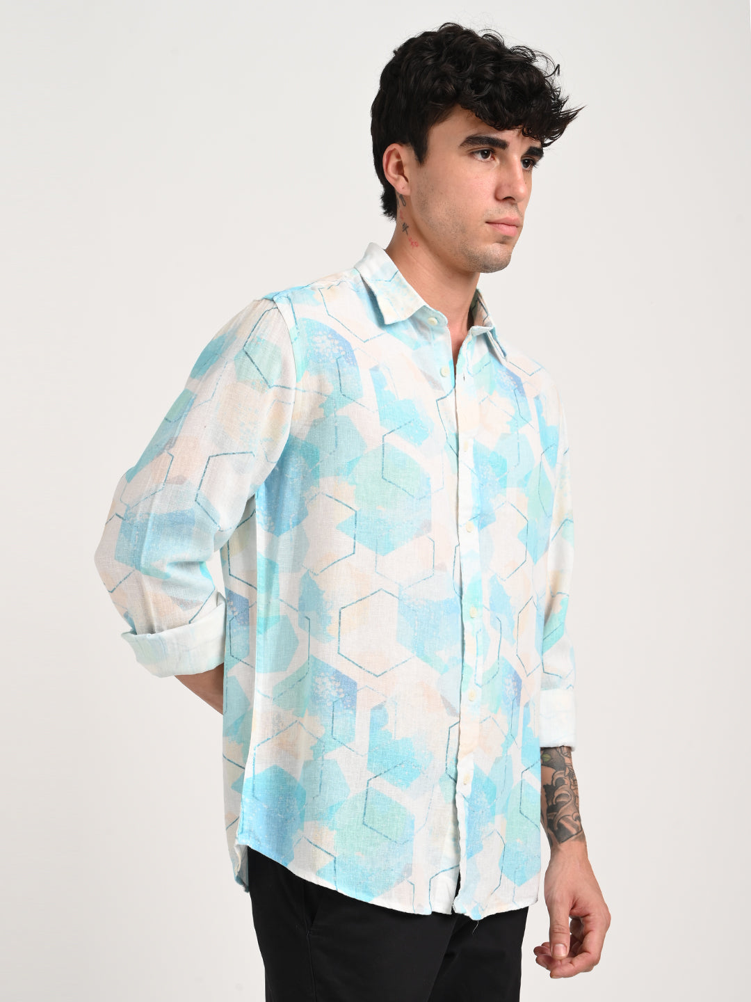 Men Digital Print Linen Blend Shirt