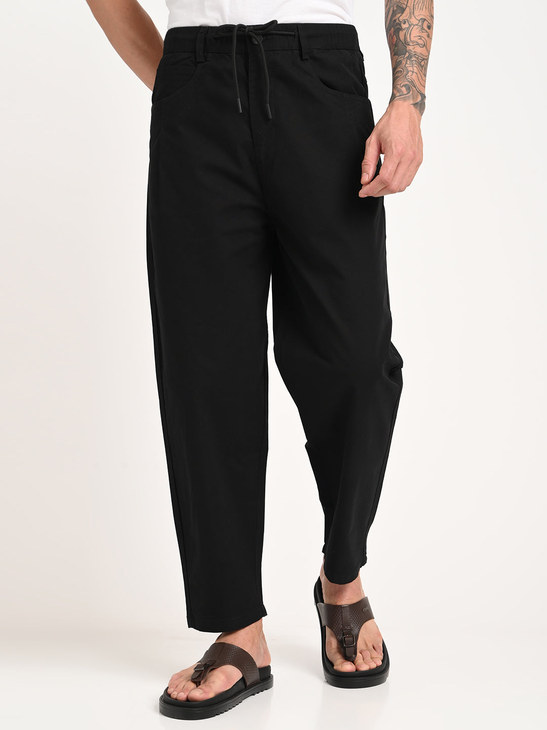 Men Relaxed Cotton Trousers with Drawcord