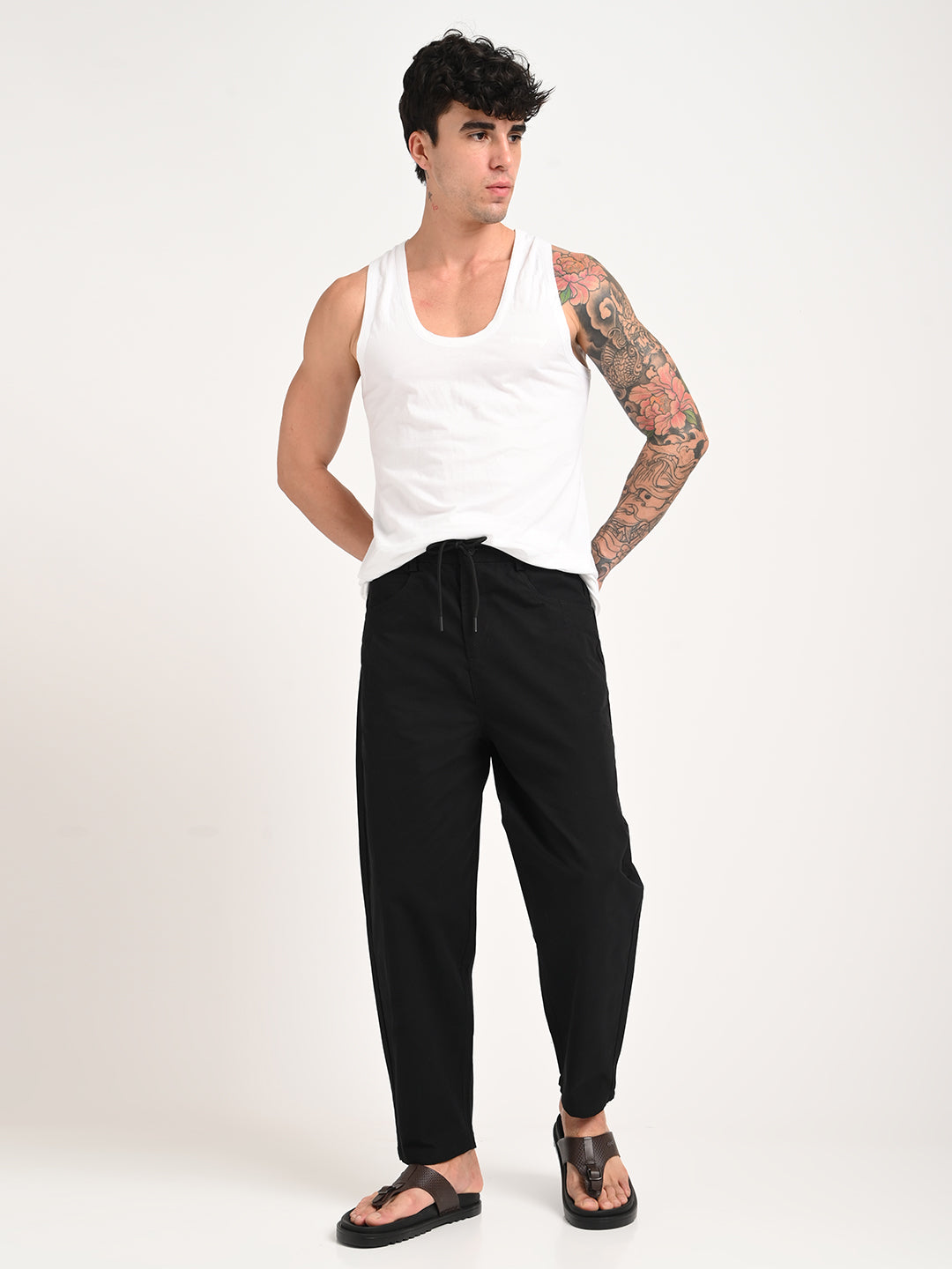 Men Relaxed Cotton Trousers with Drawcord