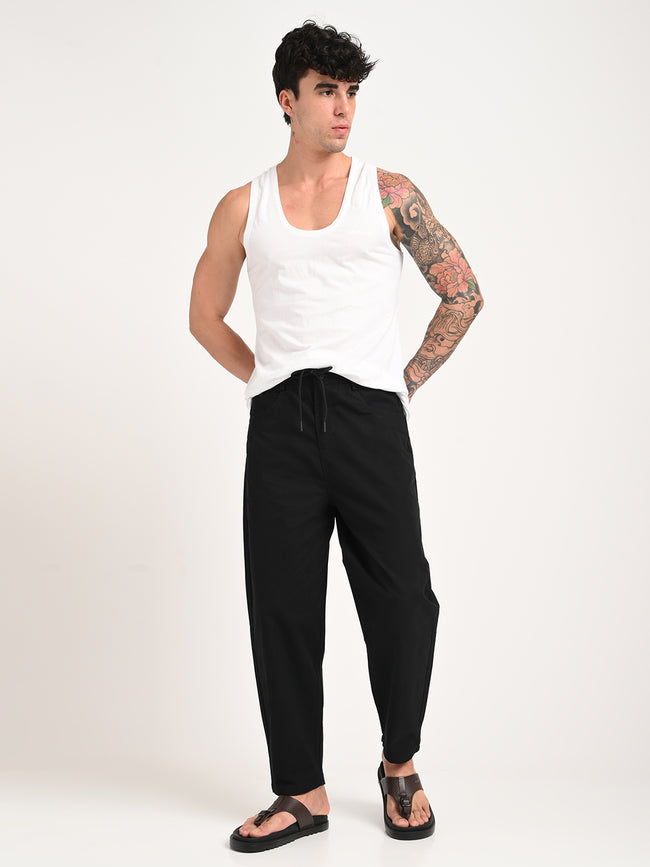 Men Relaxed Cotton Trousers with Drawcord
