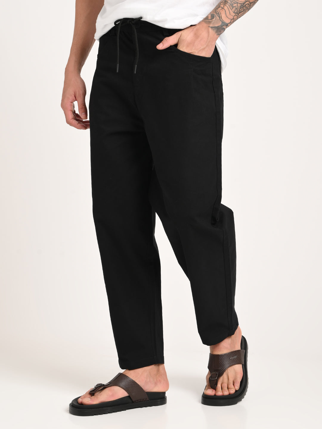 Men Relaxed Cotton Trousers with Drawcord
