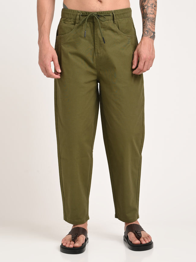 Men Relaxed Cotton Trousers with Drawcord