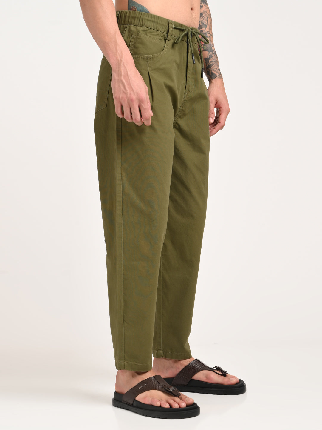 Men Relaxed Cotton Trousers with Drawcord