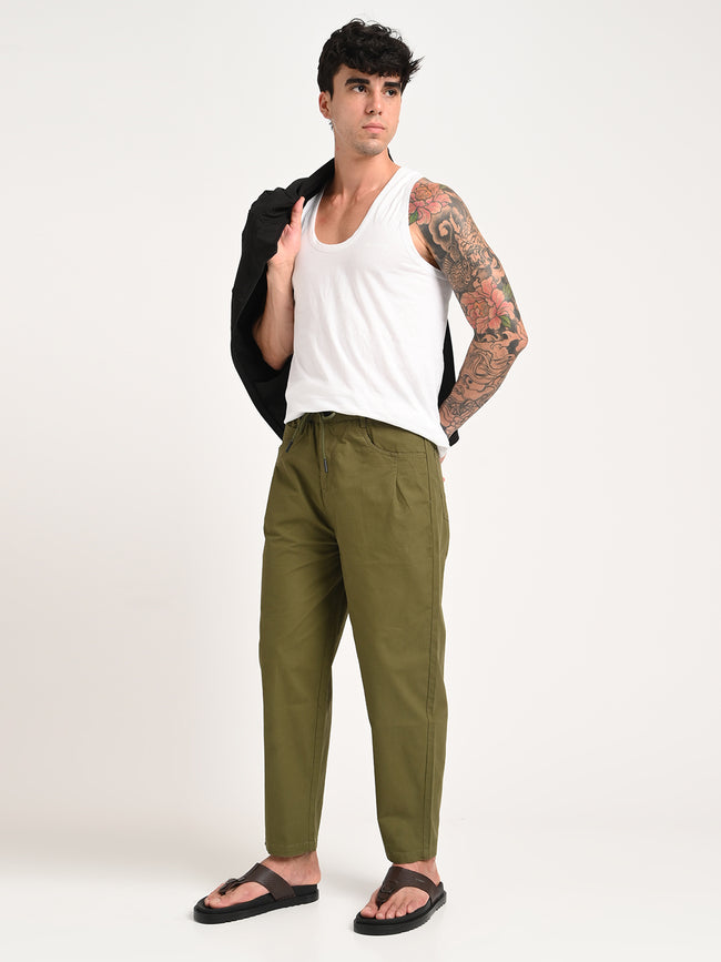 Men Relaxed Cotton Trousers with Drawcord