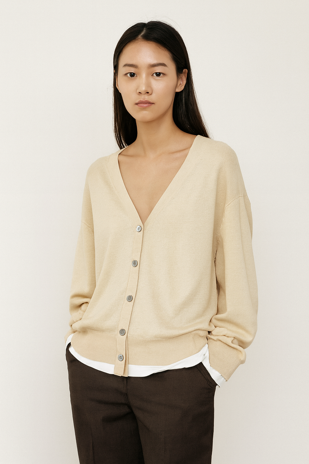 Women Beige Button Front Cardigan