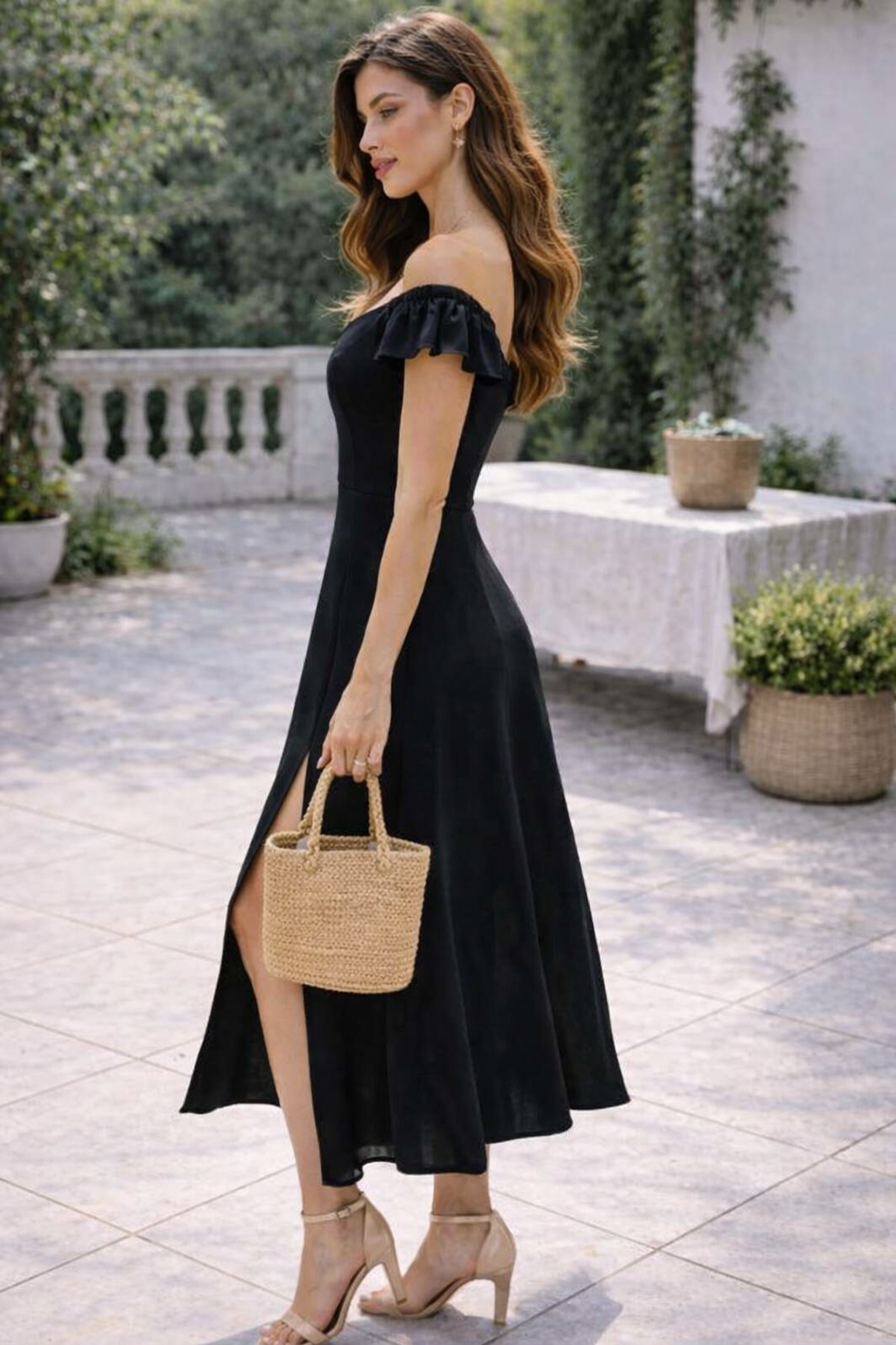 Women Black Flared Midi Dress