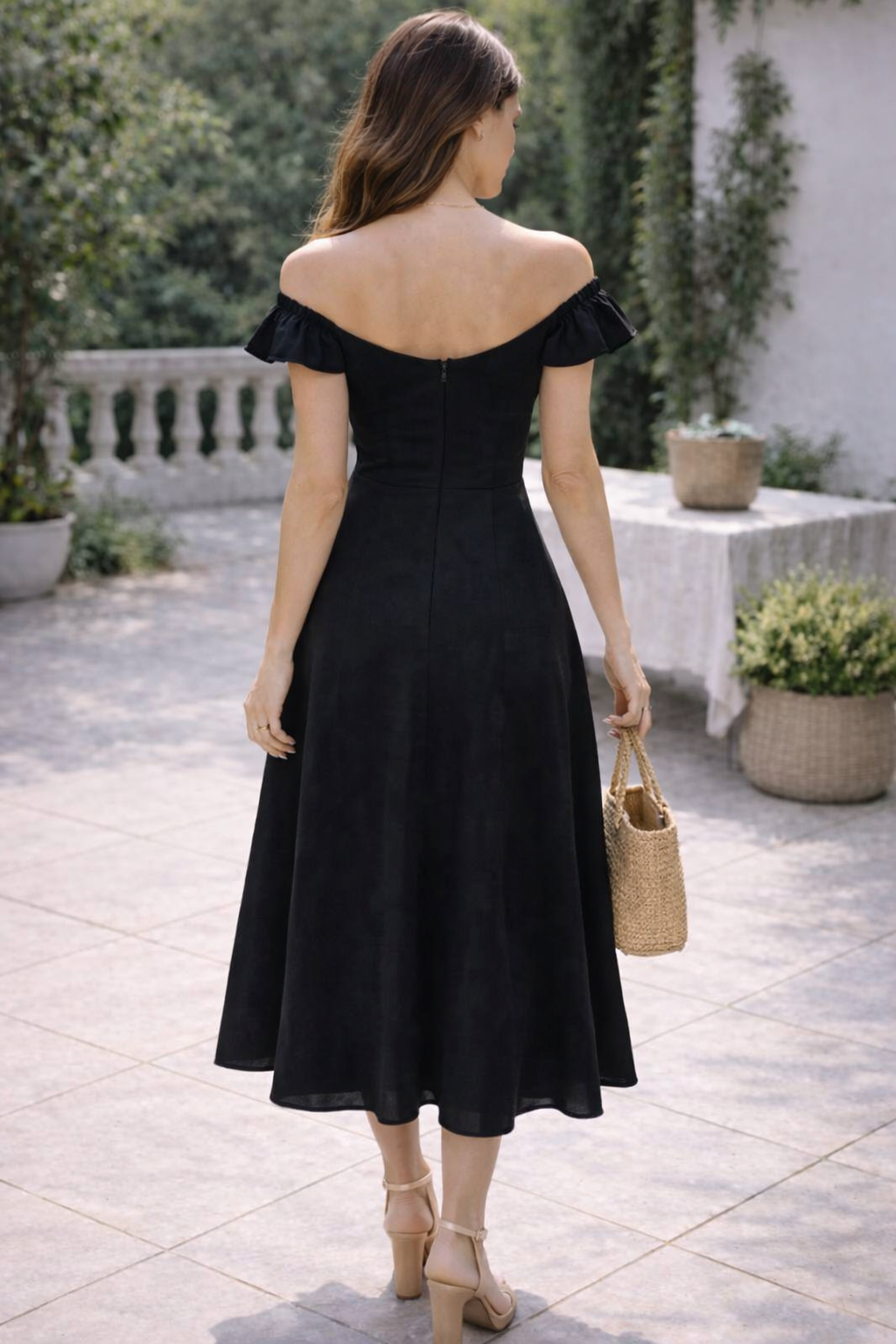 Women Black Flared Midi Dress