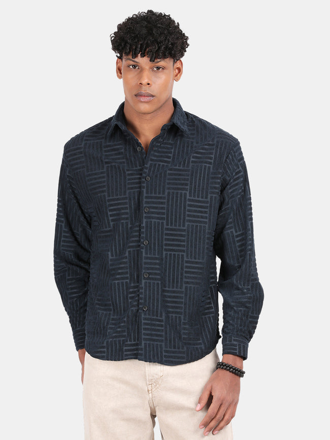 Men Blue Slim Fit Spread Collar Full Sleeve Casual Shirt