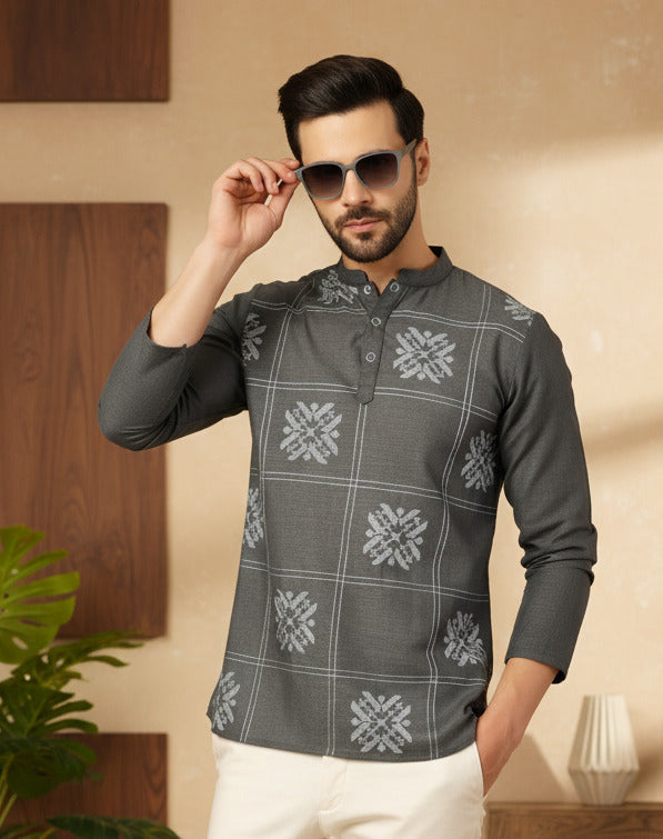 Men Grey Embroidered Kurta
