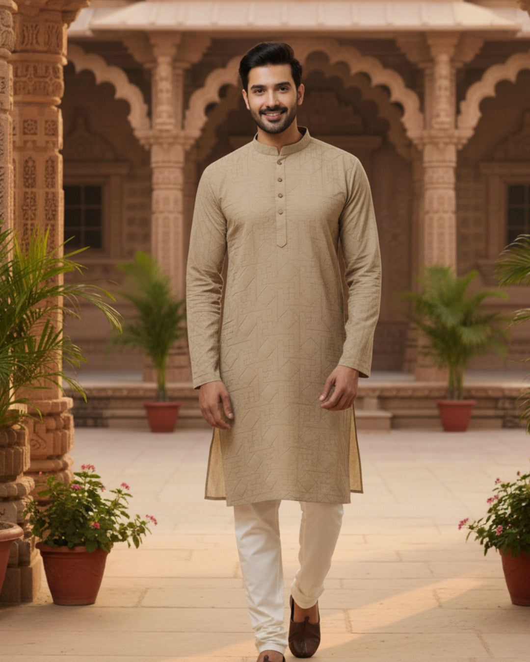 Men Beige Zig Zag Embroidered Kurta