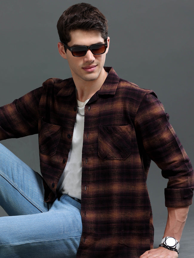 Men Burgundy Flannel Checked Shirt