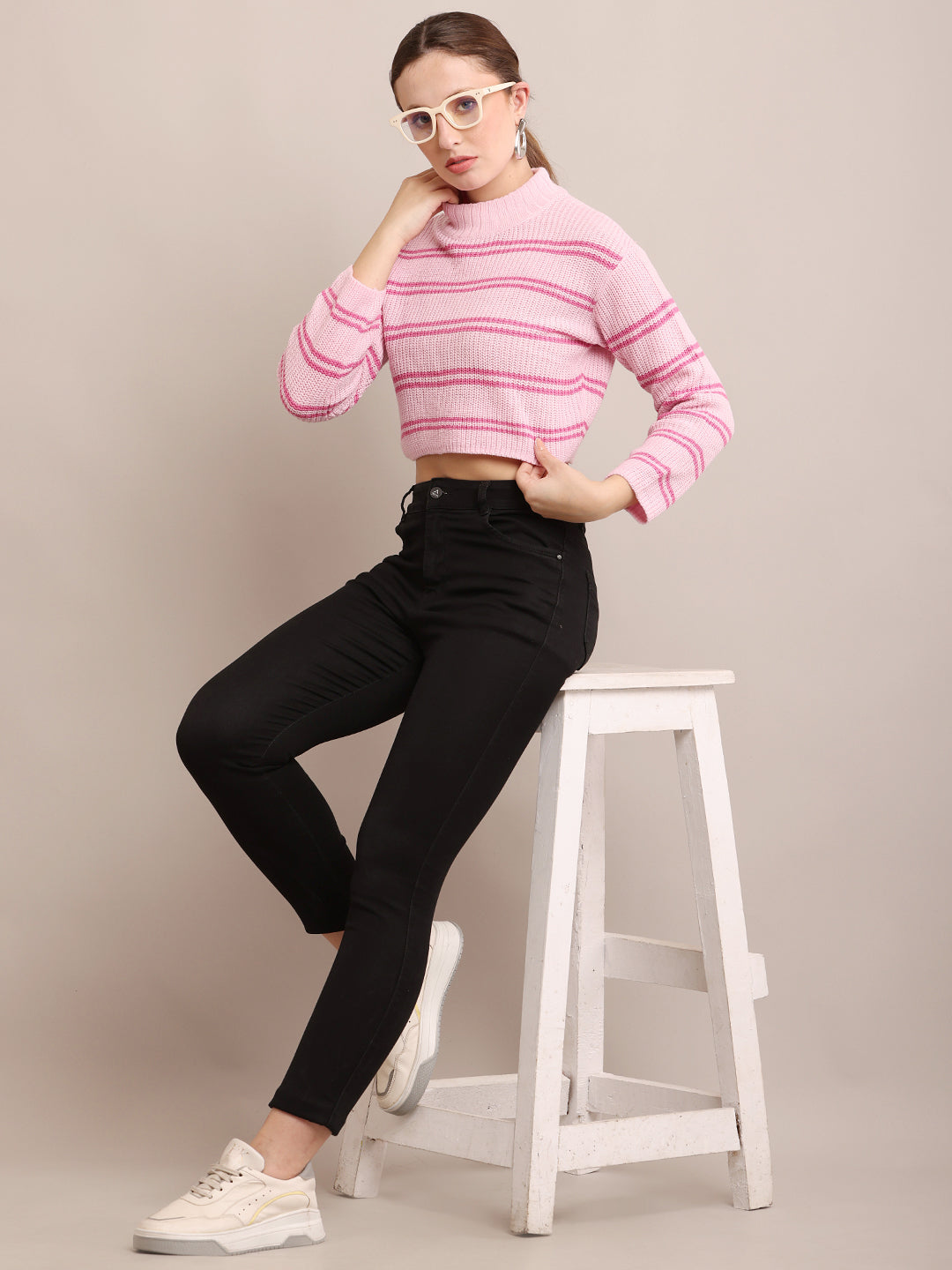 Women Acrylic Striped Pink Crop Sweater