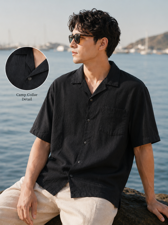 Men Black Textured Camp Collar Shirt