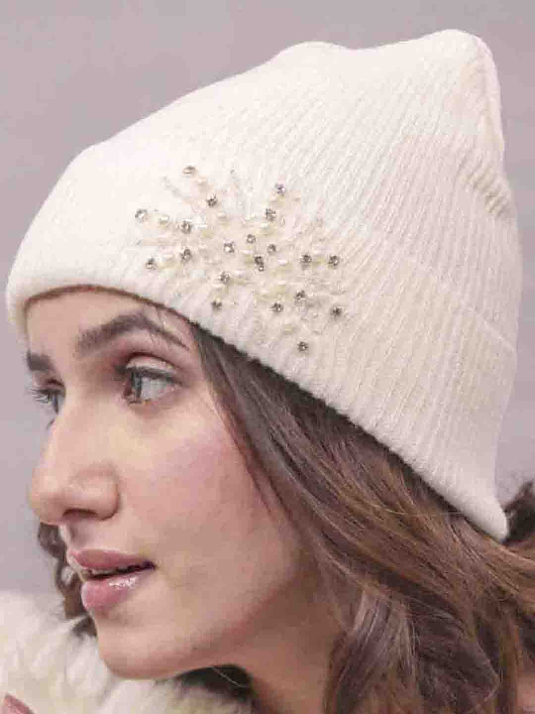 White Beanie with Pearls & Crystals
