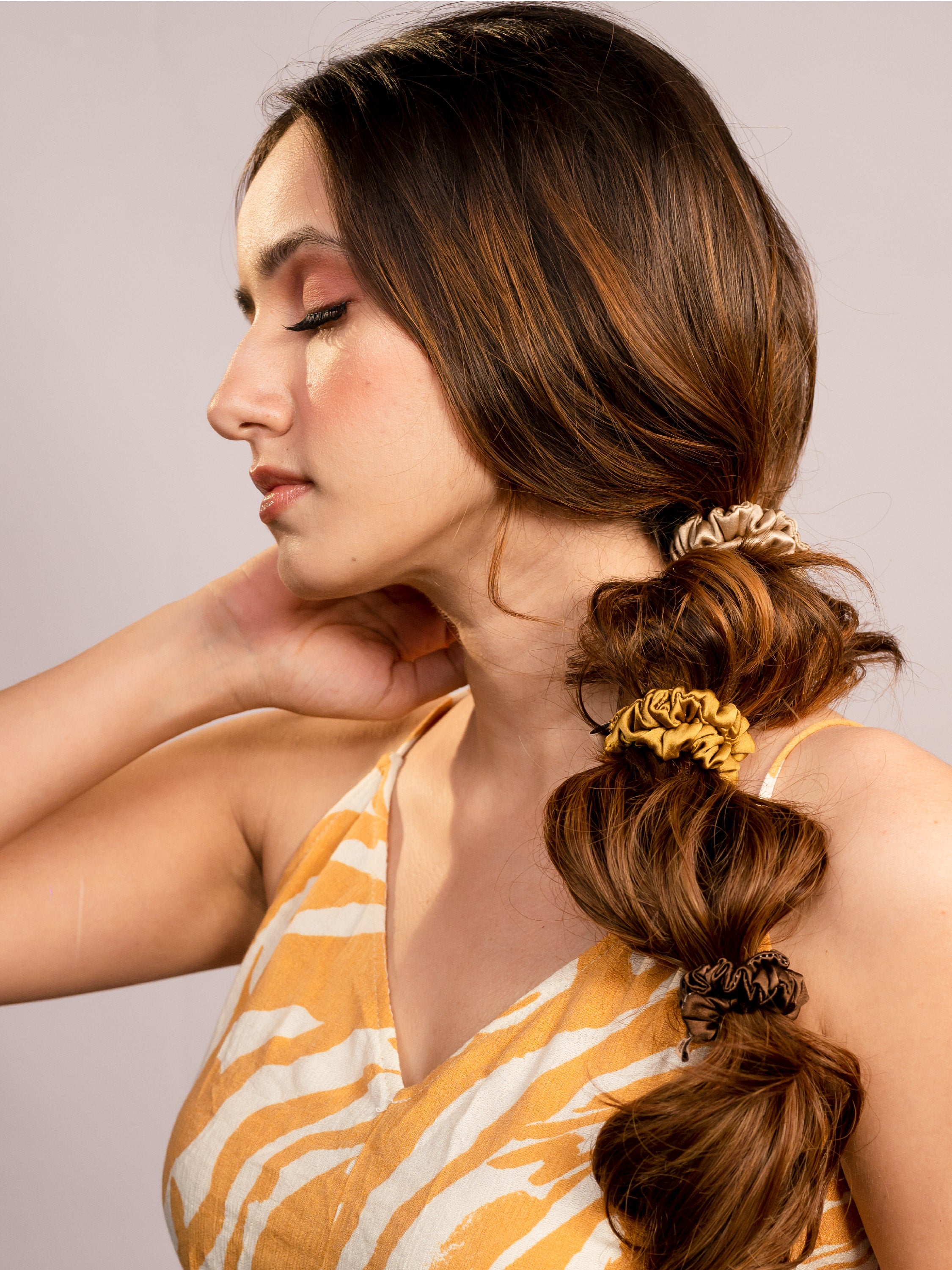 Brown Silk Satin Scrunchies Pack Of 3