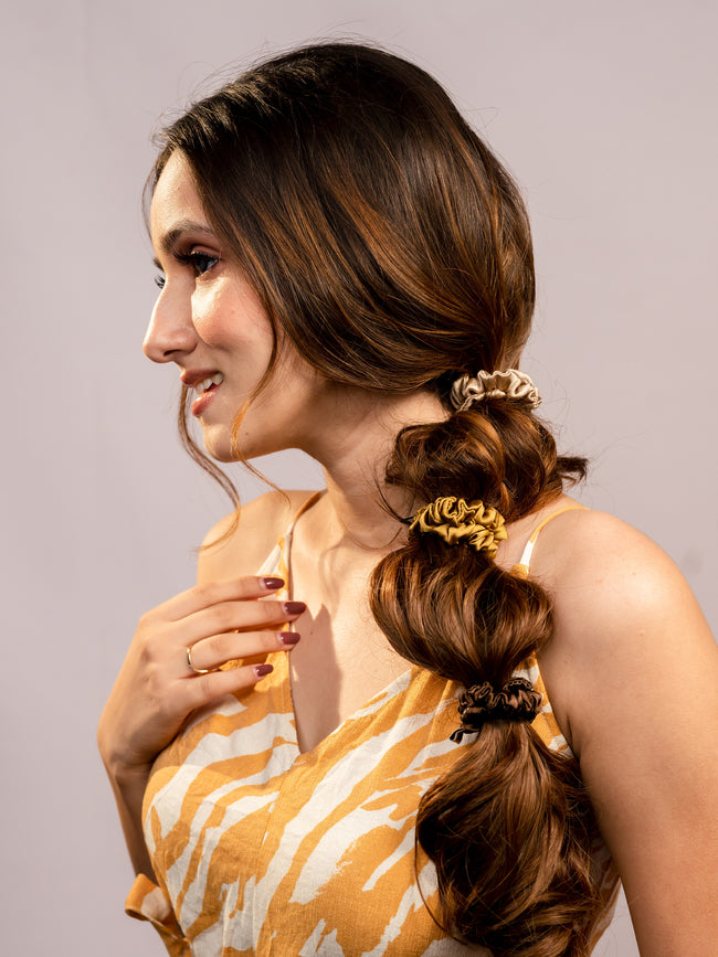 Brown Silk Satin Scrunchies Pack Of 3