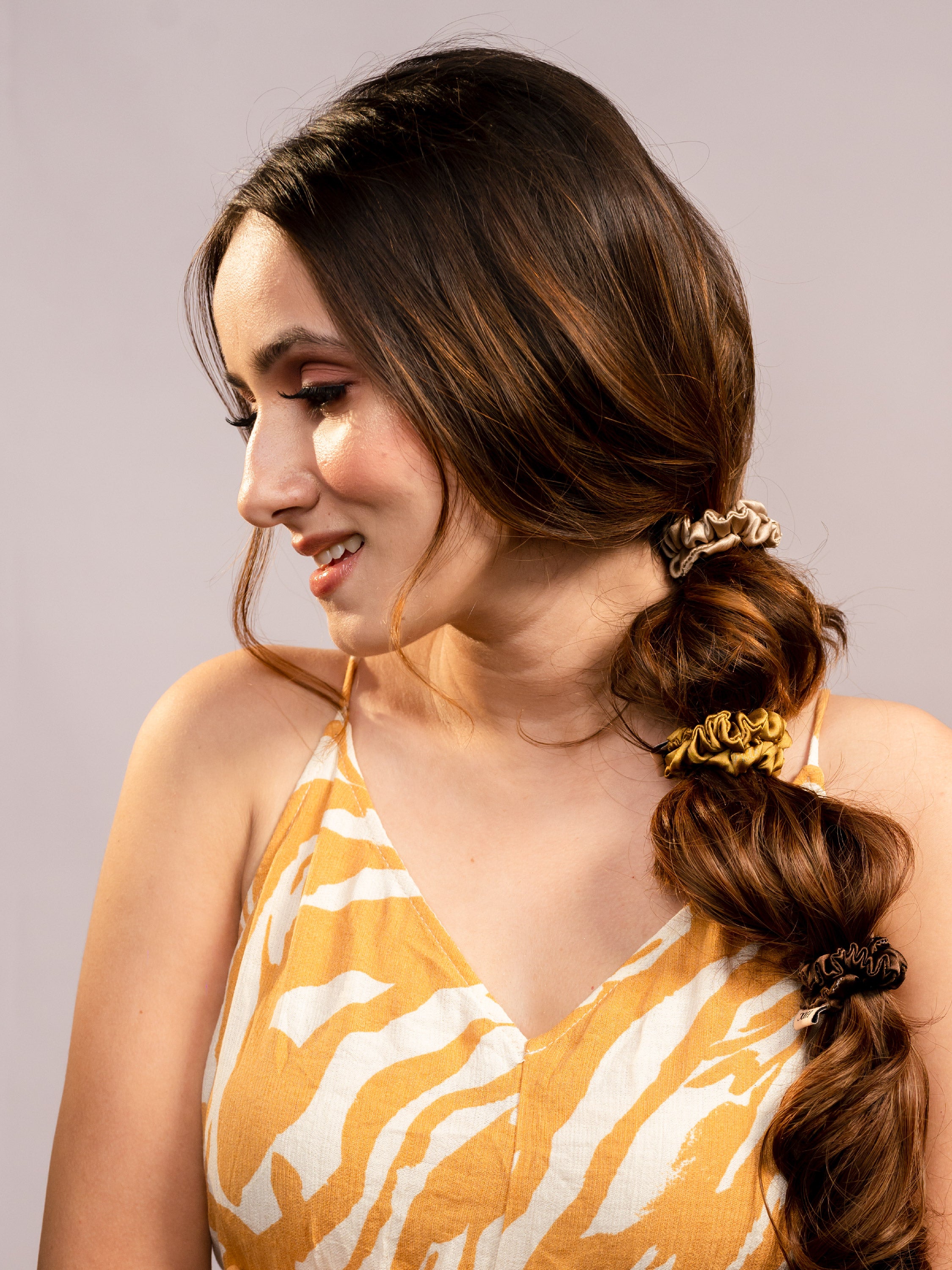 Brown Silk Satin Scrunchies Pack Of 3