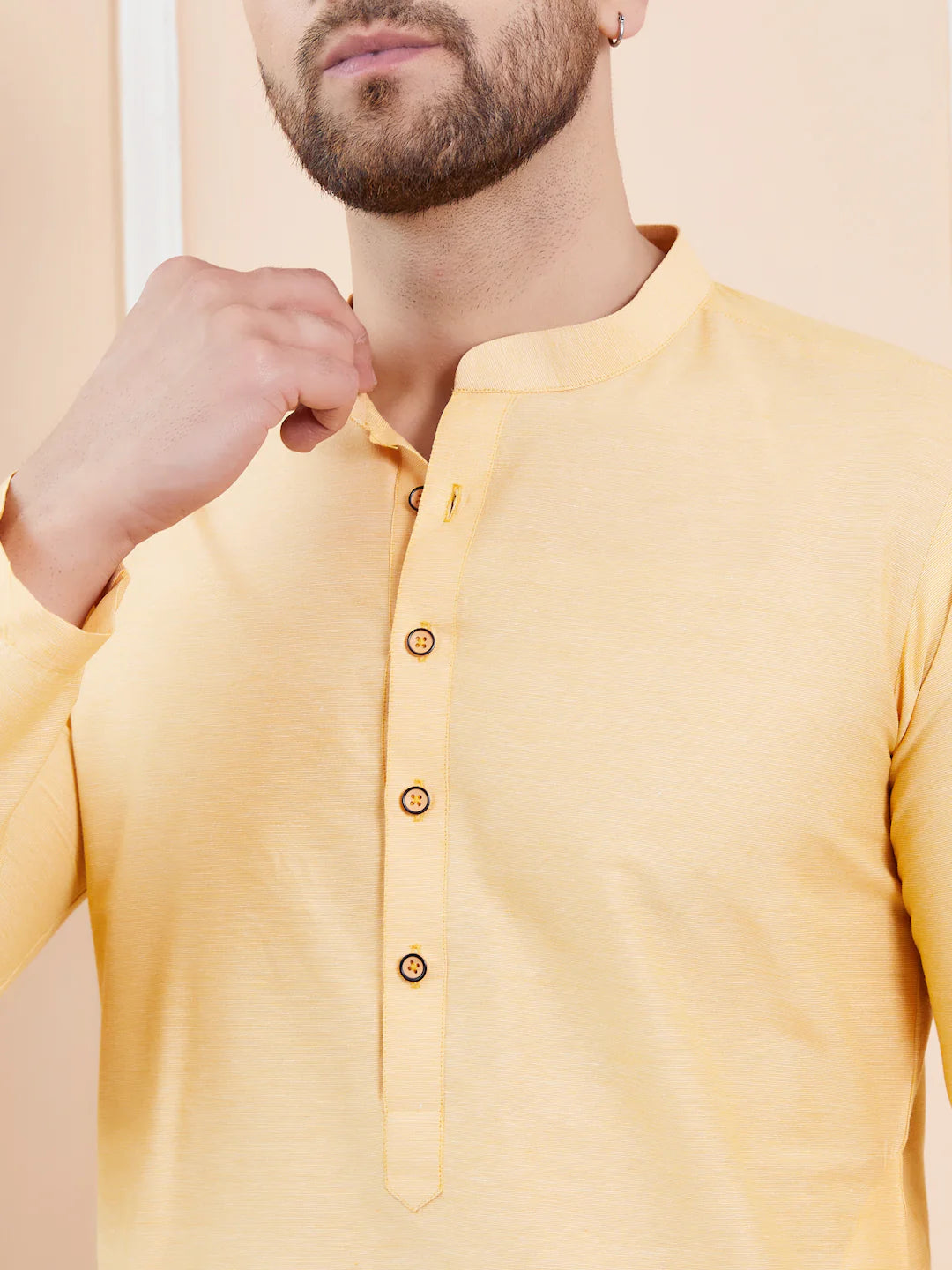 Men Beige Cotton Solid Straight Kurta