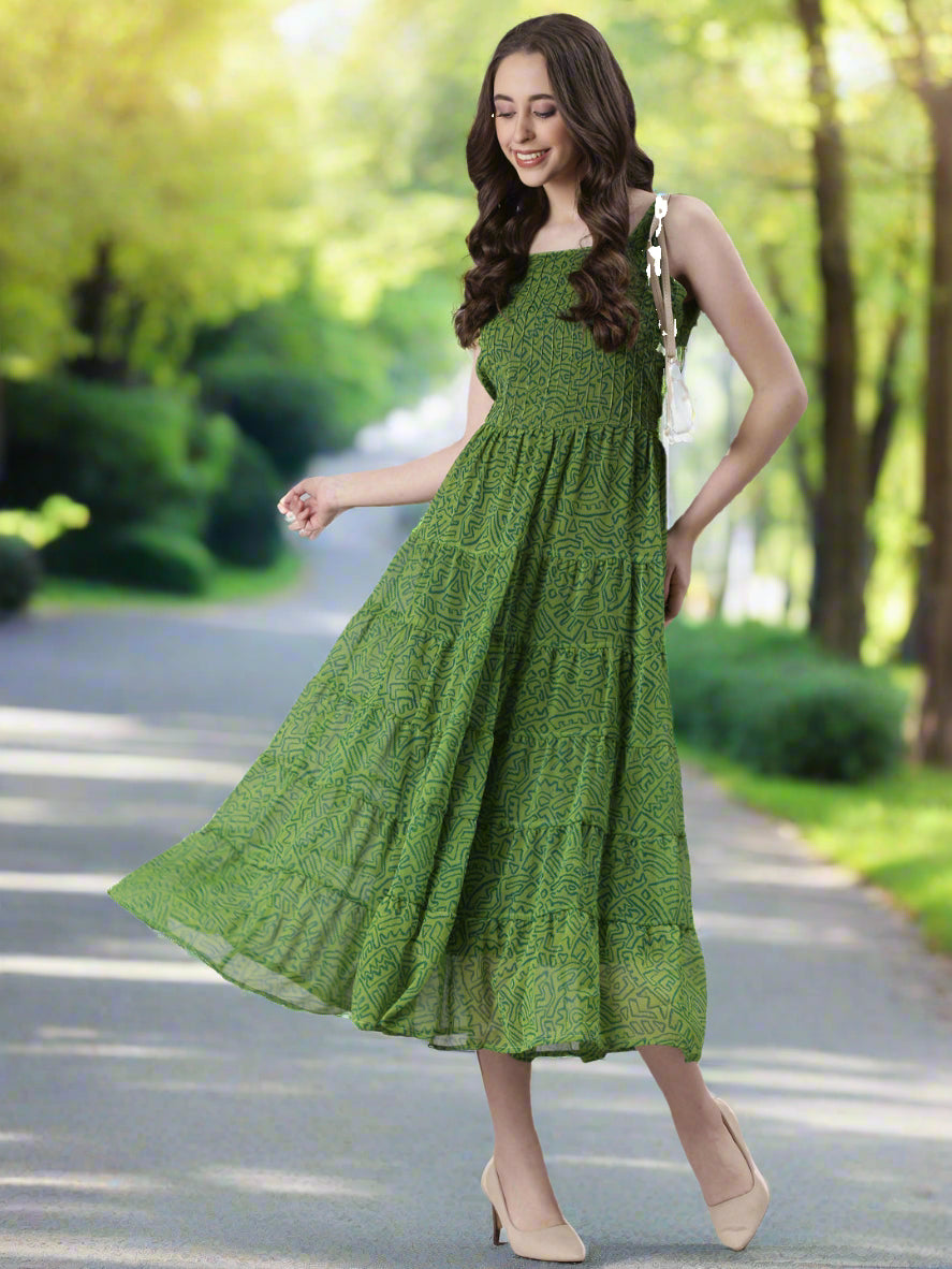 Women Green Varlie Printed Tiered Dress