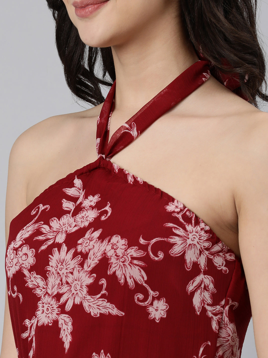 Women Maroon Floral Chiffon Dress