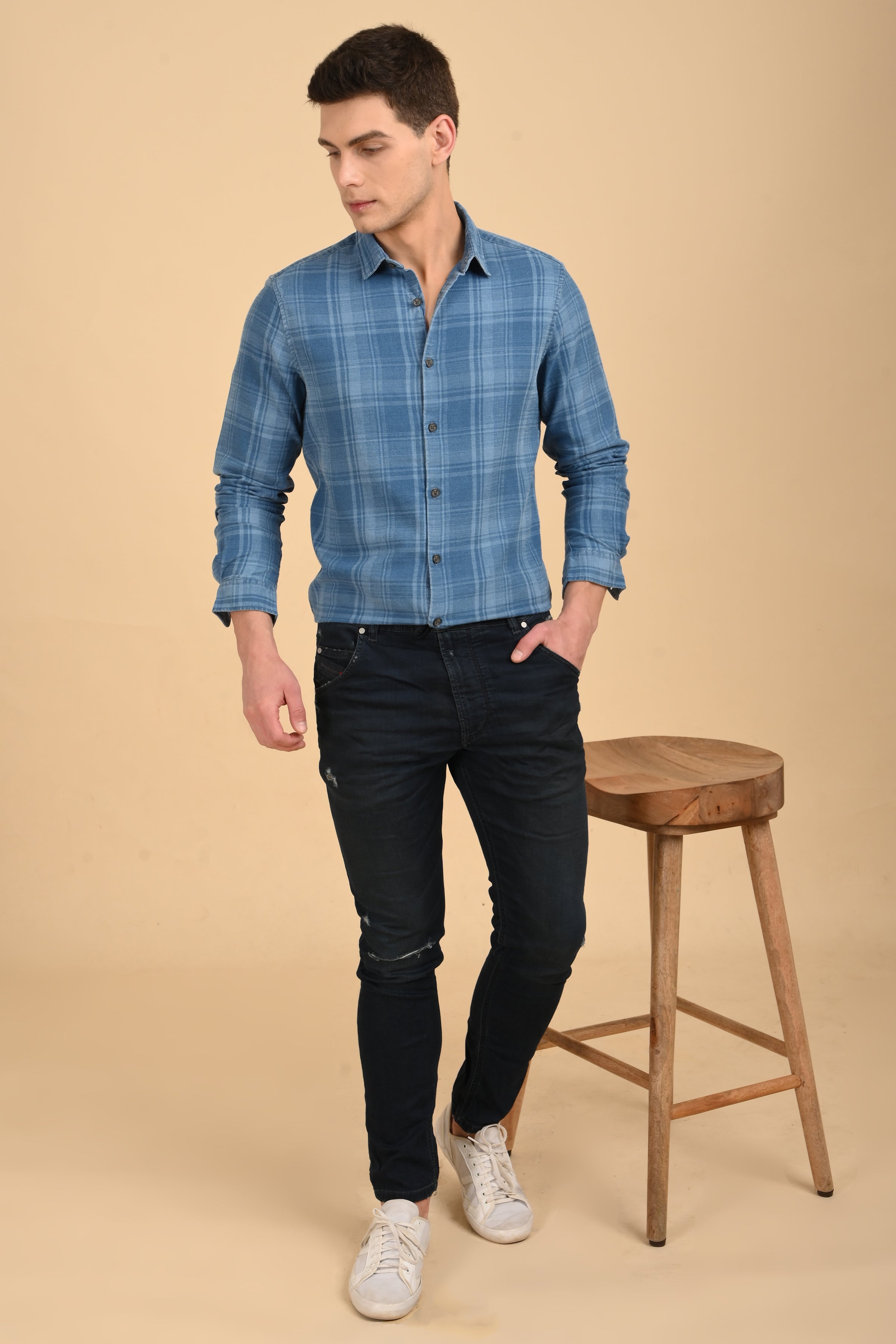 Men Kit Indigo Check Shirt Blue