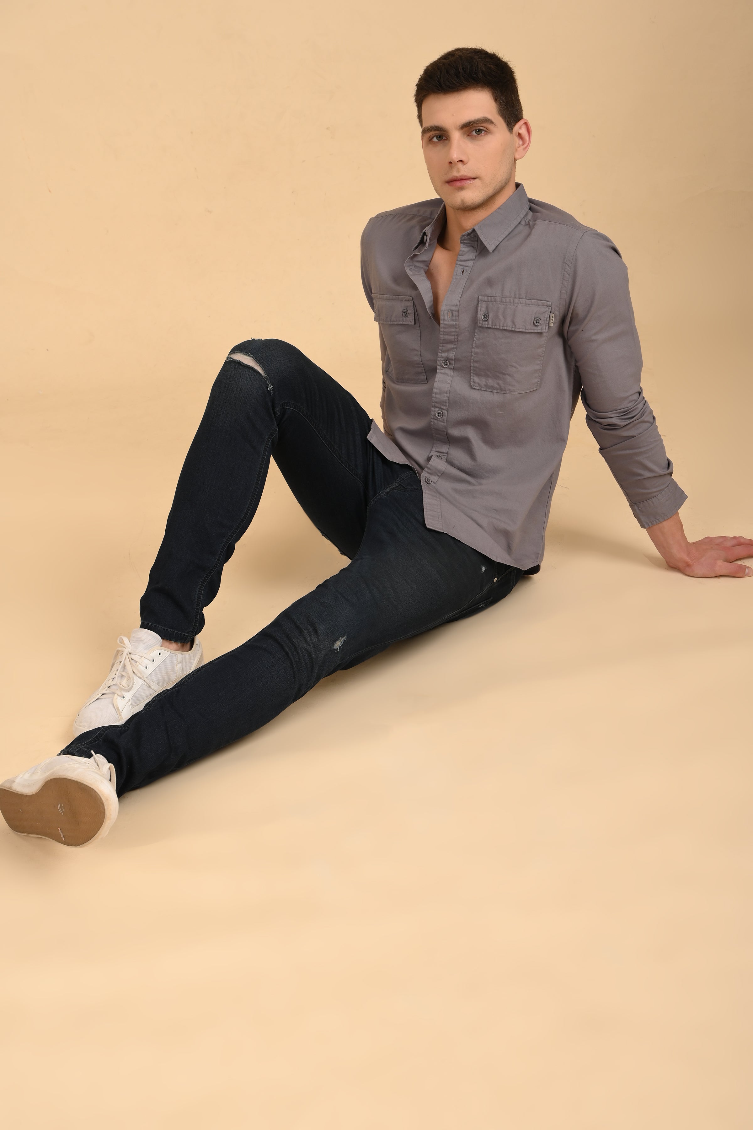 Men Trent Dyed Oxford Shirt Grey