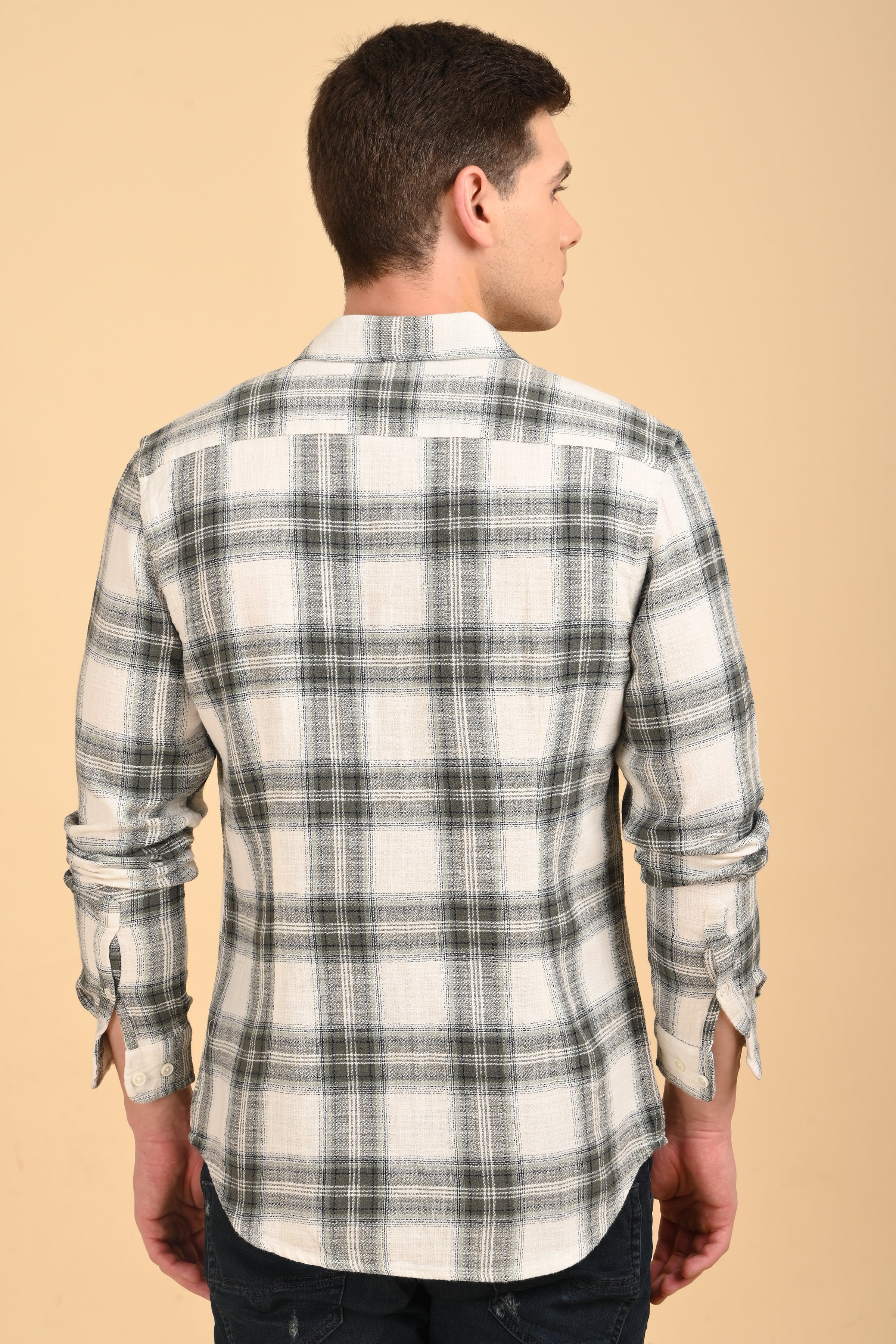 Men Jean Slub Check Shirt Green