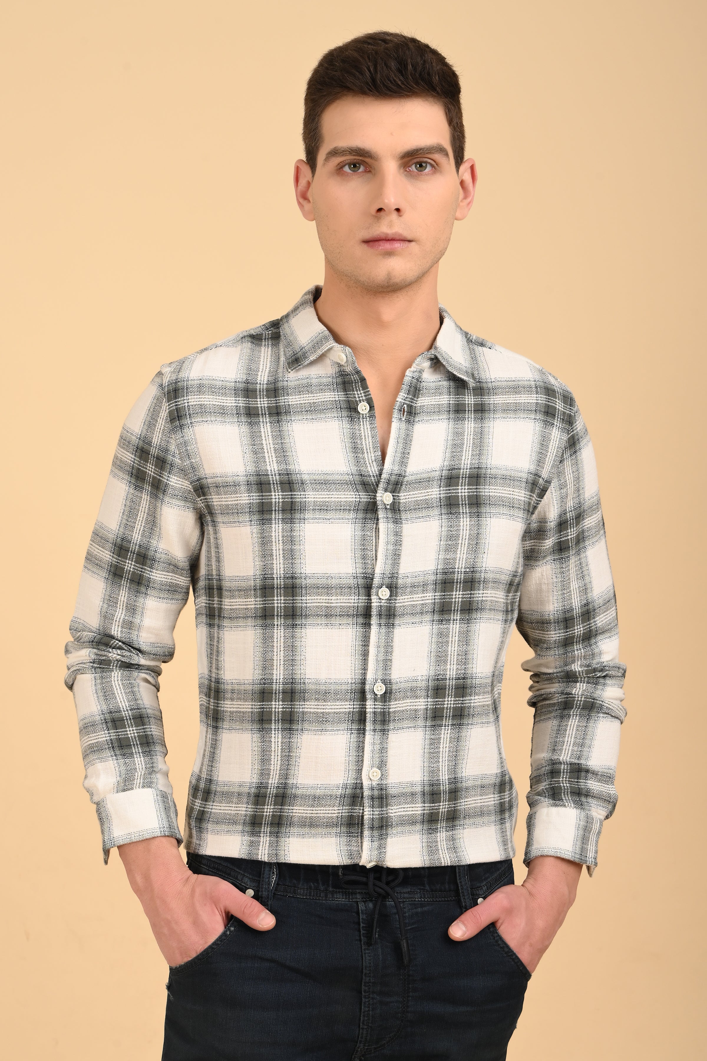 Men Jean Slub Check Shirt Green