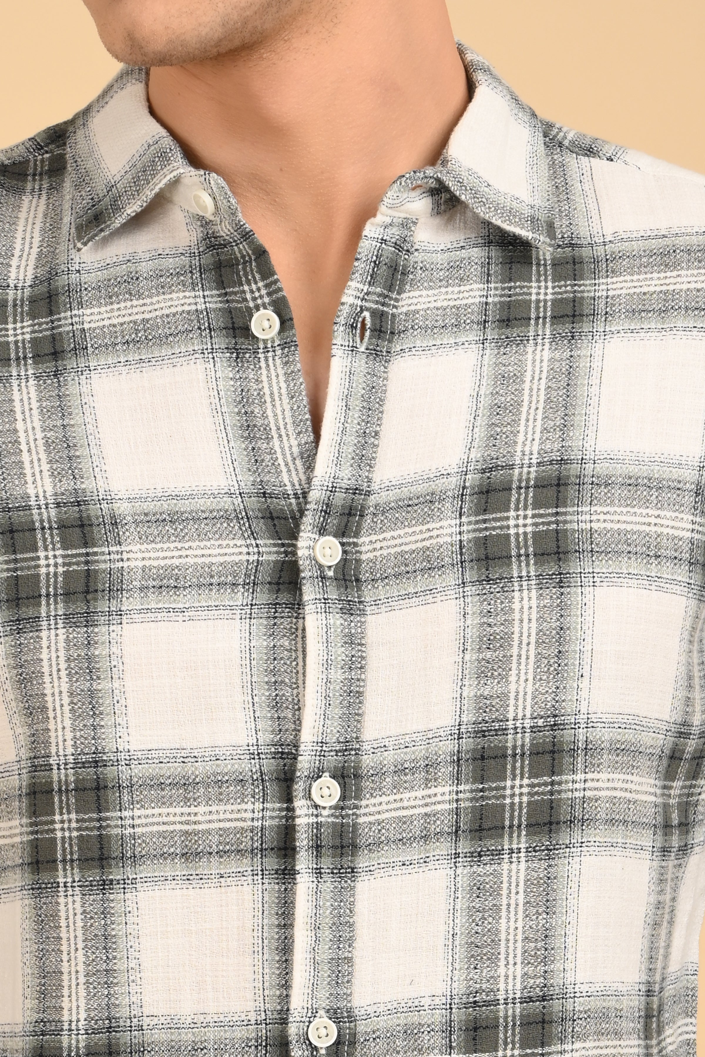 Men Jean Slub Check Shirt Green