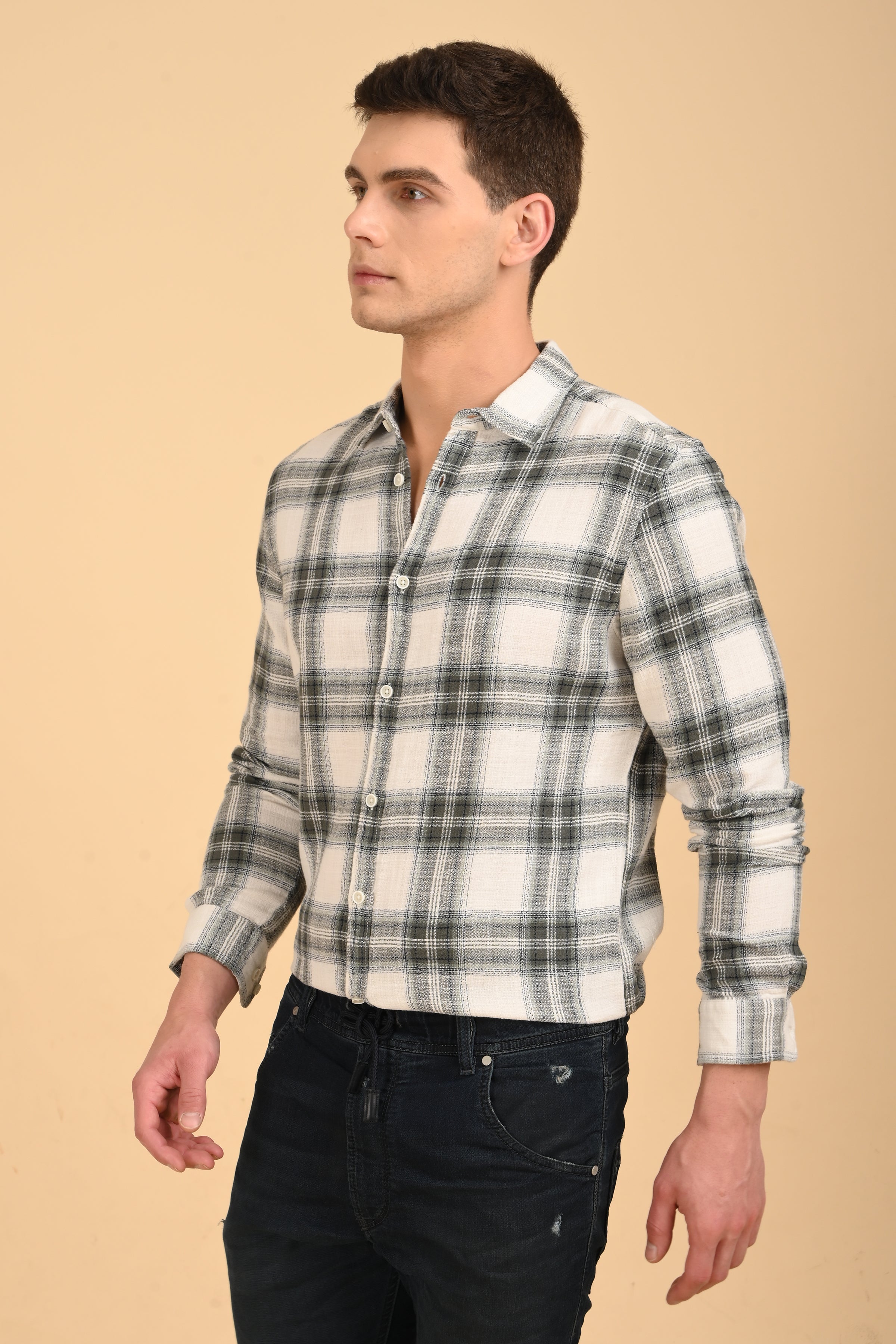 Men Jean Slub Check Shirt Green