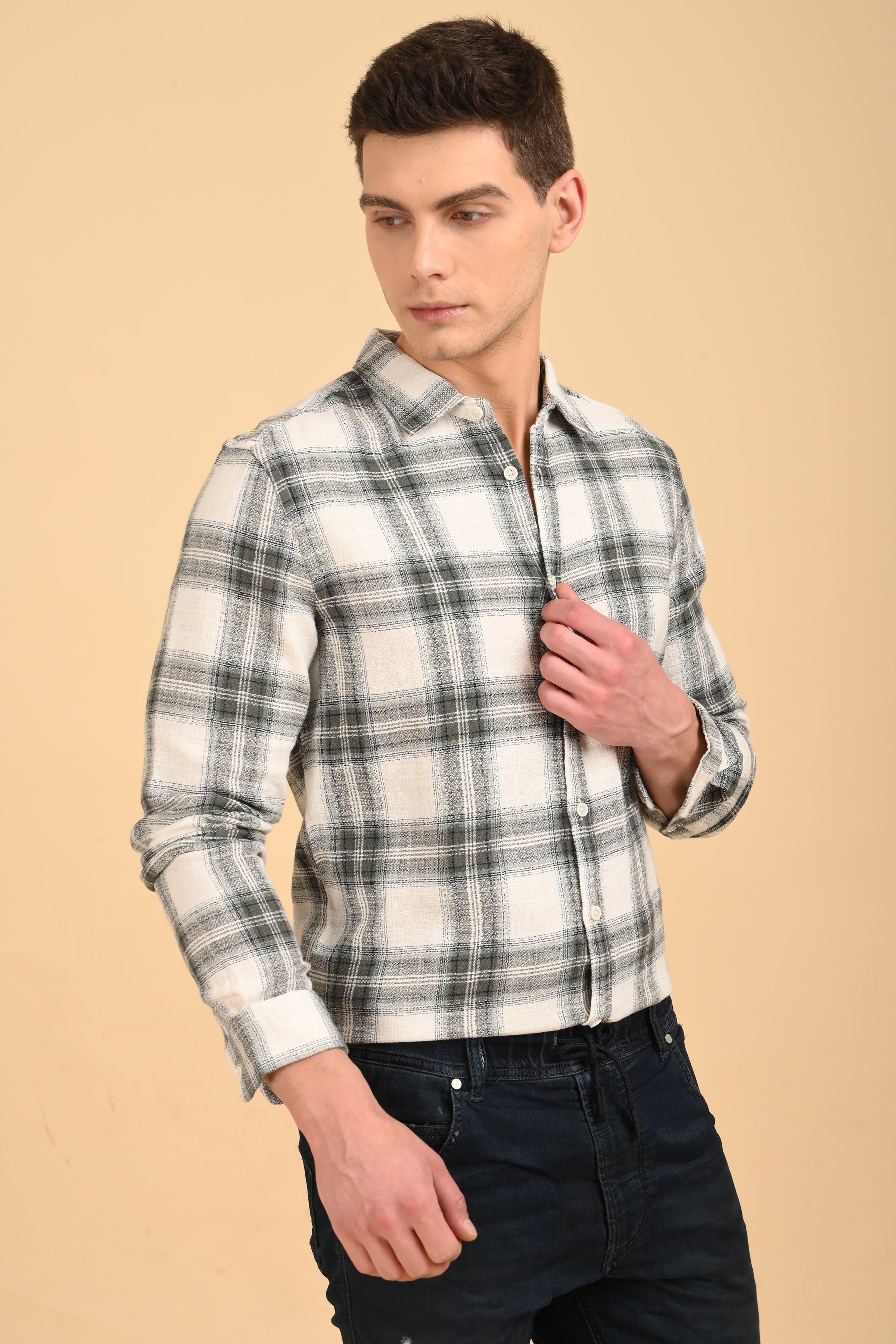 Men Jean Slub Check Shirt Green