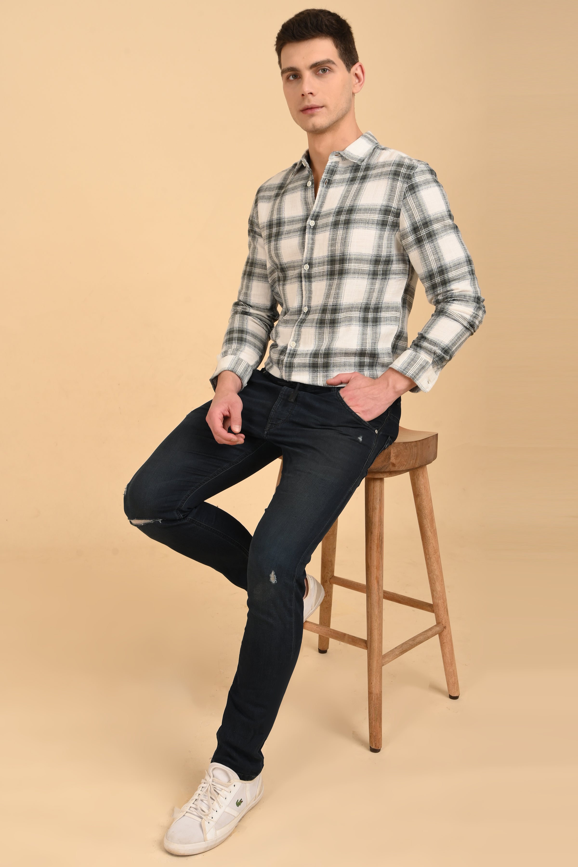 Men Jean Slub Check Shirt Green