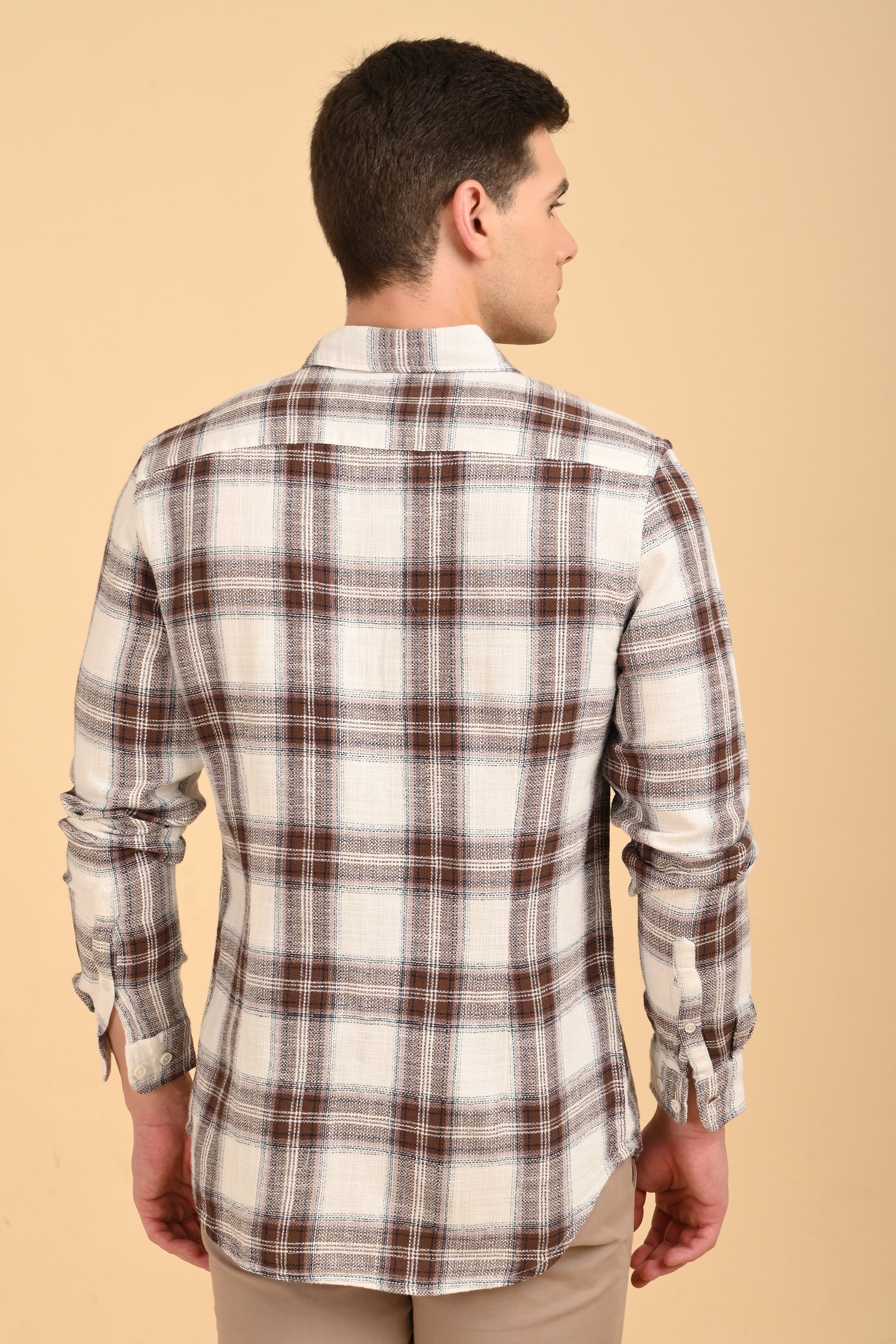 Men Jean Slub Check Shirt Brown