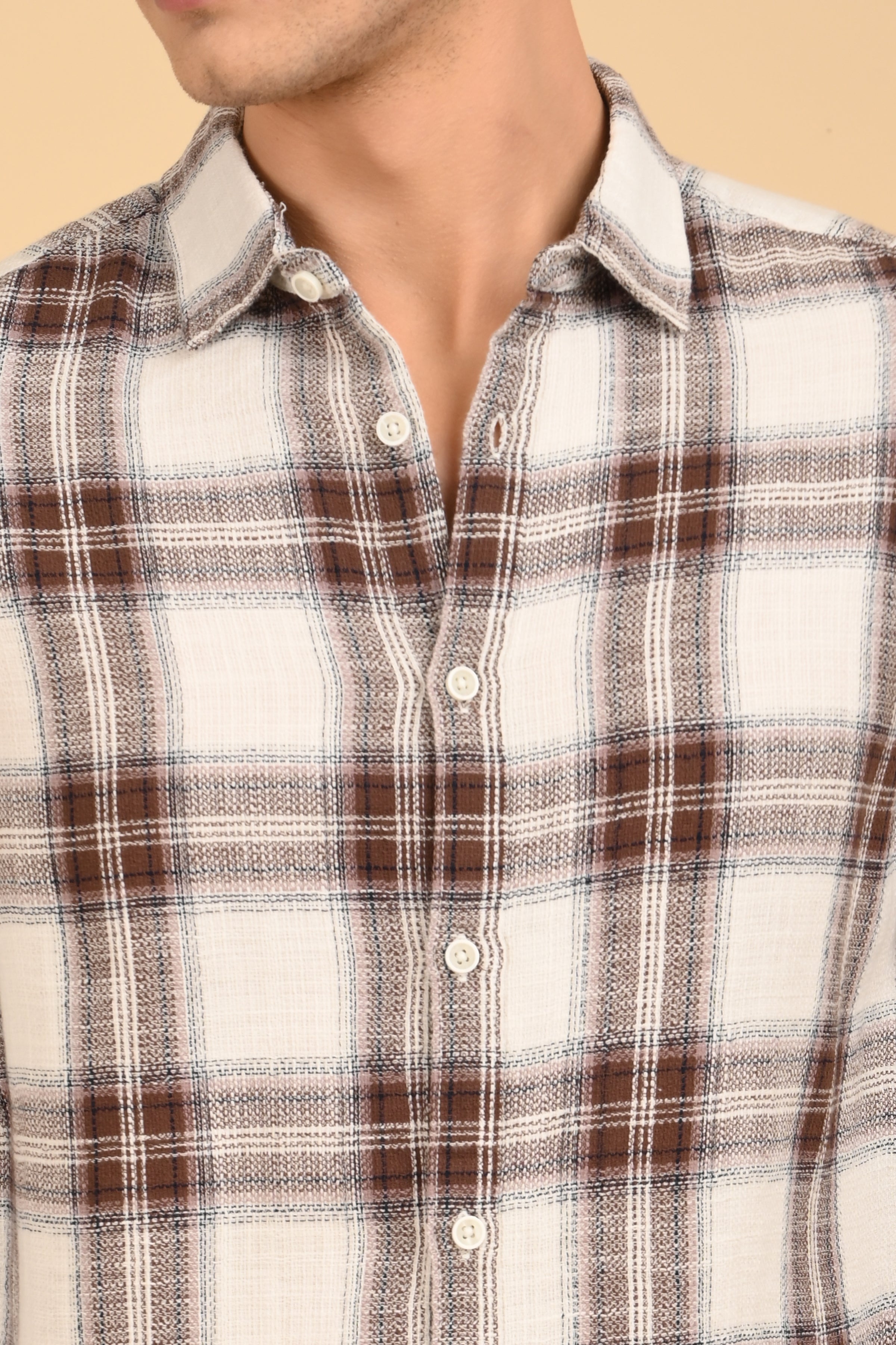 Men Jean Slub Check Shirt Brown