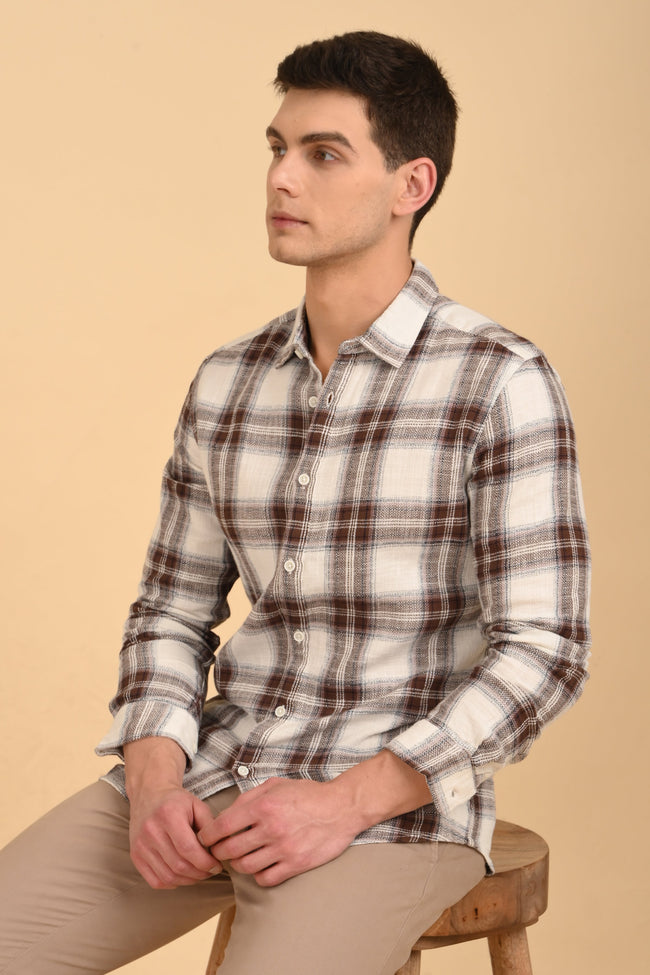 Men Jean Slub Check Shirt Brown