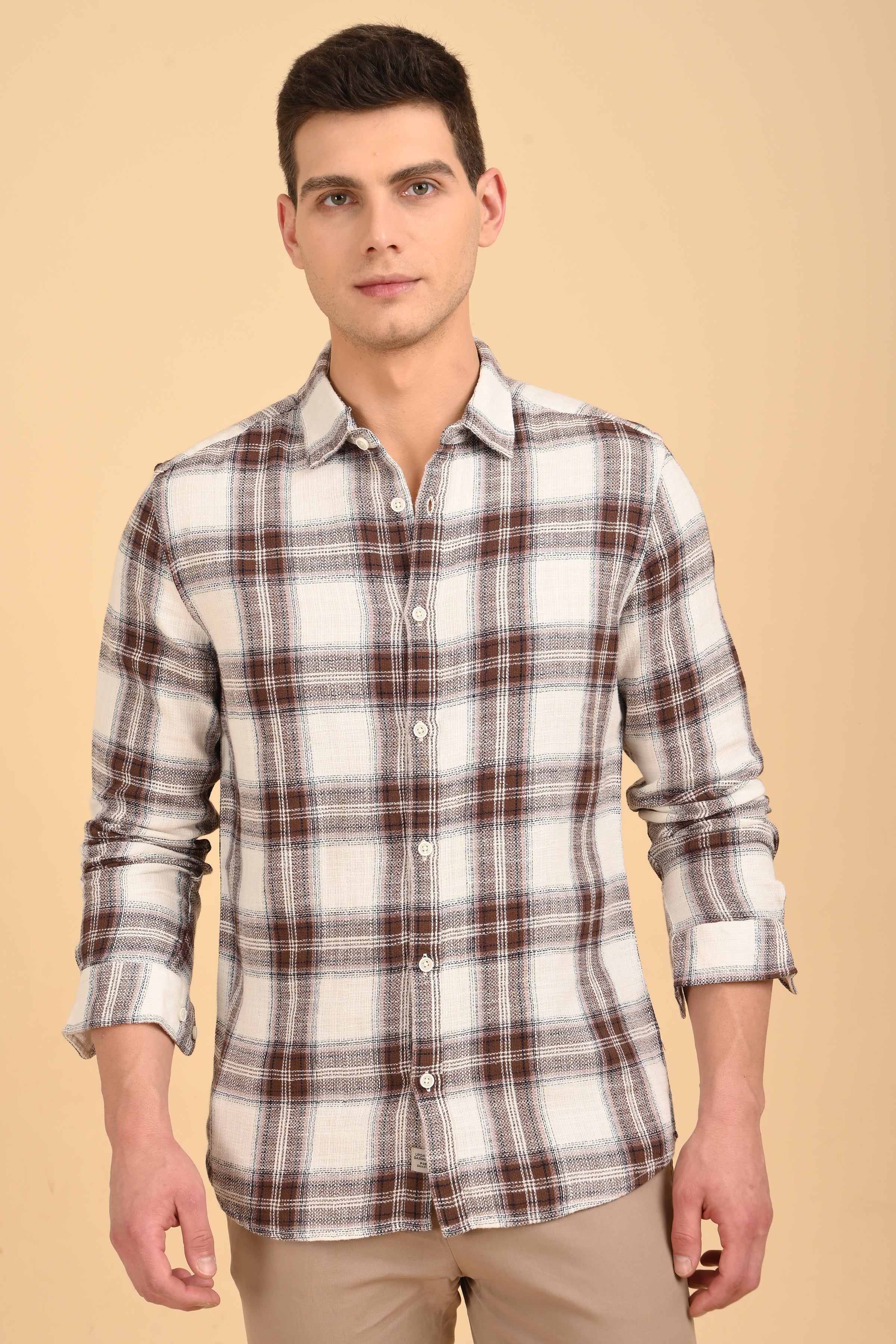 Men Jean Slub Check Shirt Brown