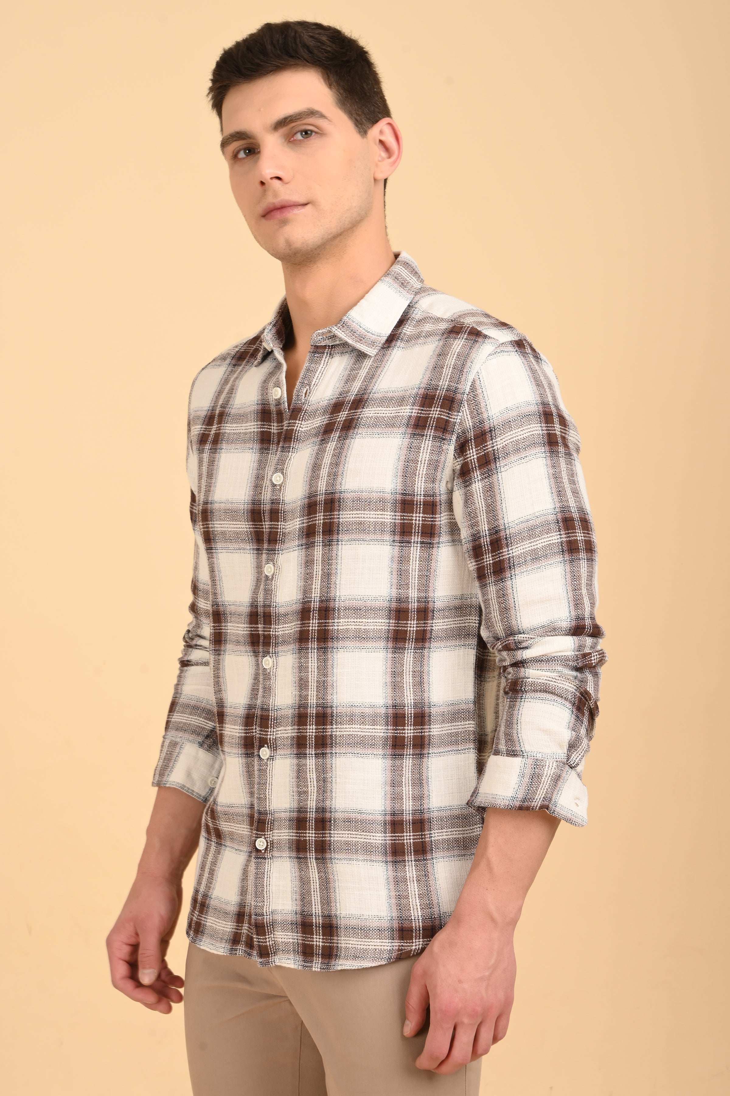 Men Jean Slub Check Shirt Brown