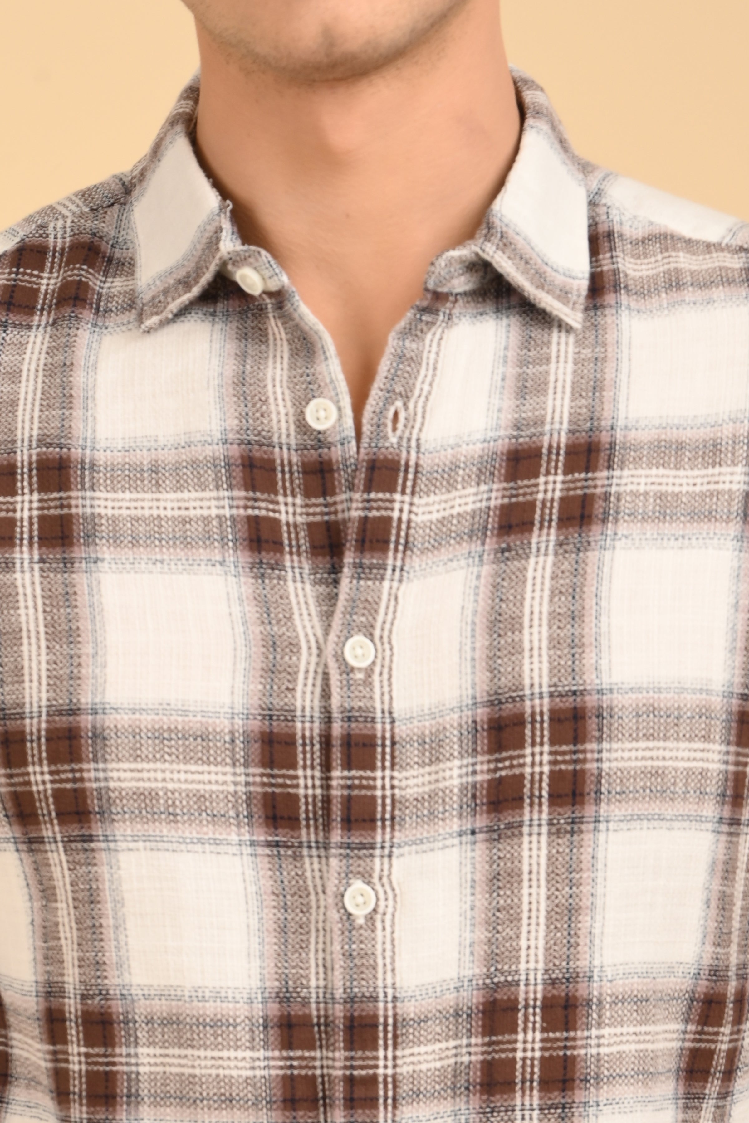 Men Jean Slub Check Shirt Brown