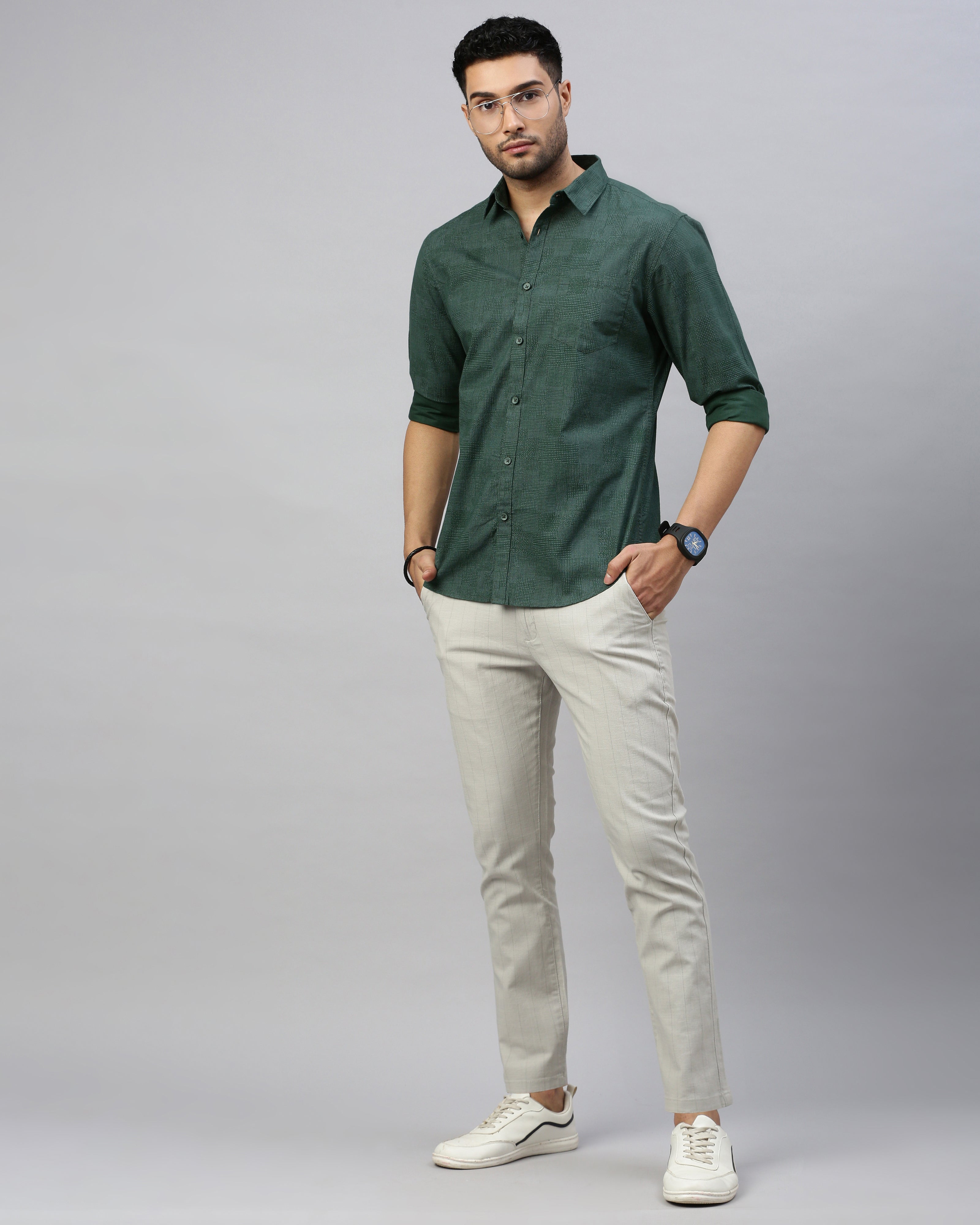 Men Green Cotton Slim Shirt