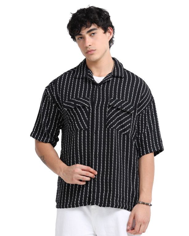Men Striped Short Sleeve Casual Drop Shoulder Shirt