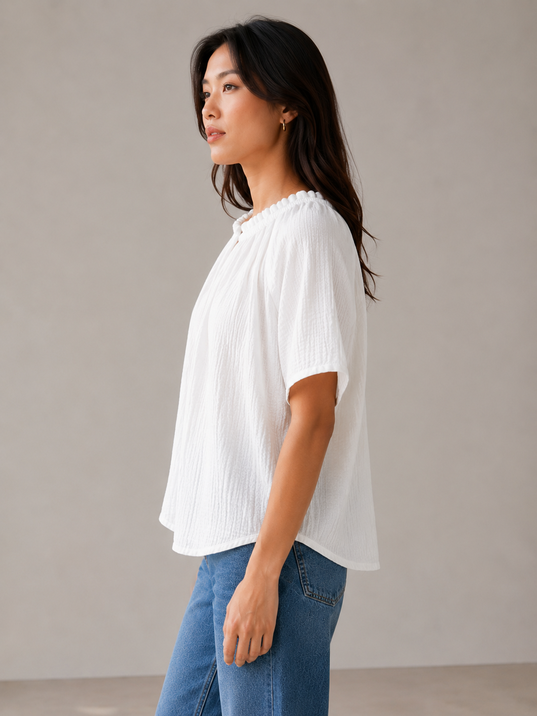 Women White Gathered Neck Top