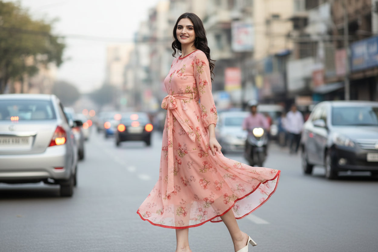 Women Bloom Peach Chiffon Dress