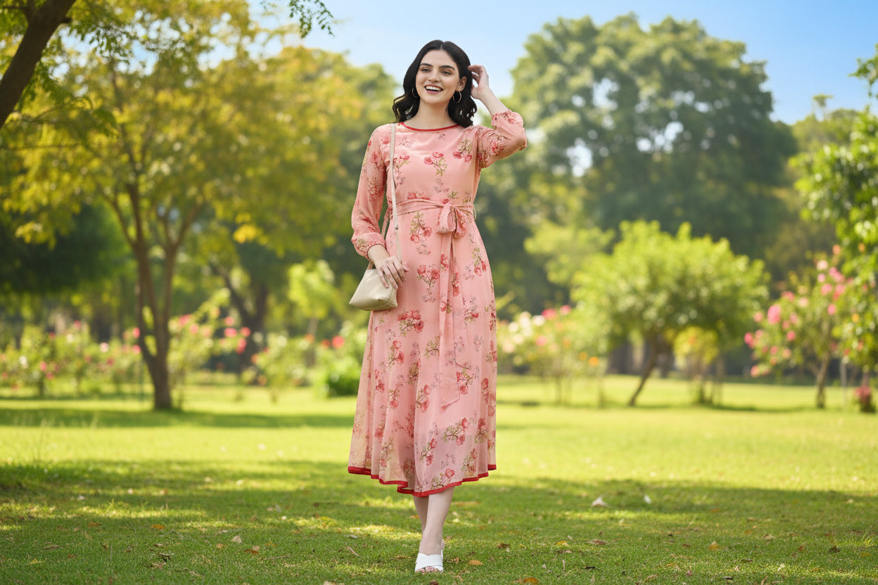 Women Bloom Peach Chiffon Dress