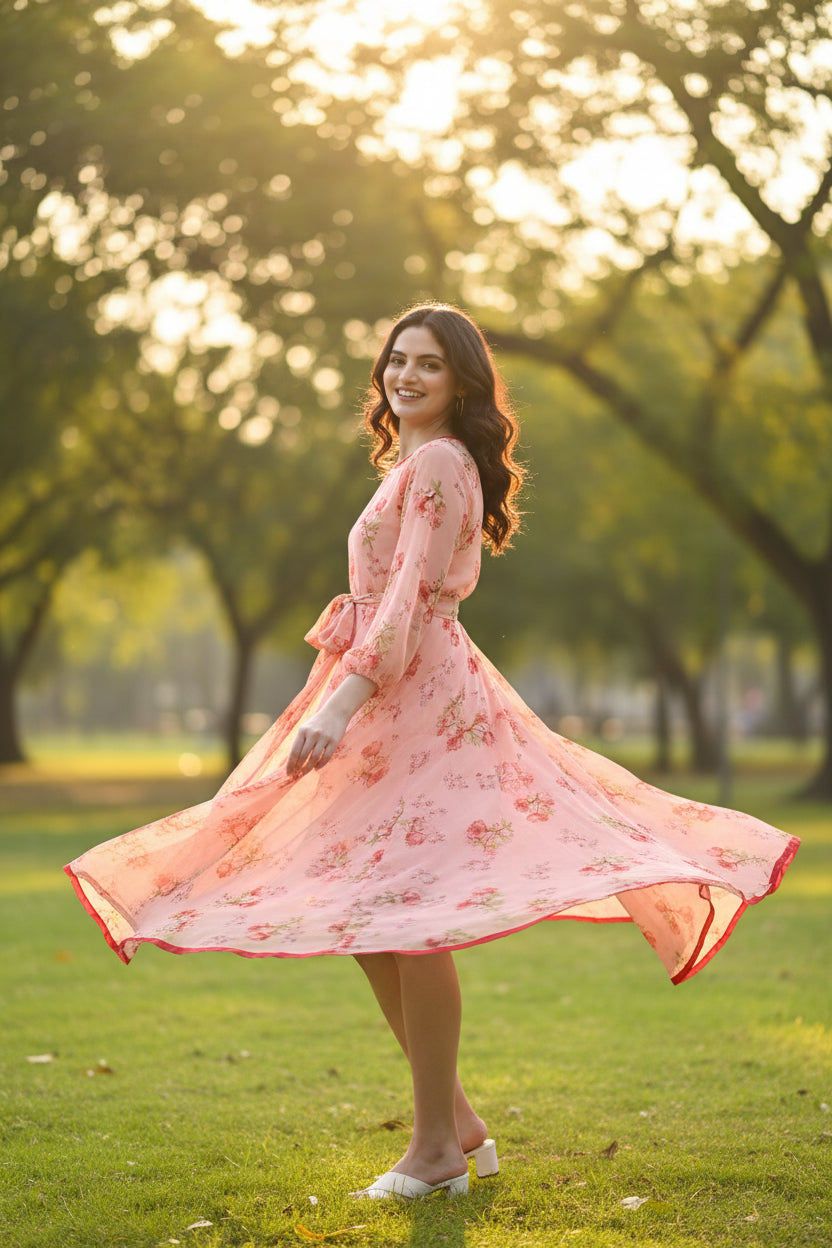 Women Bloom Peach Chiffon Dress