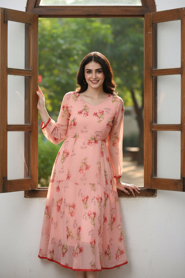 Women Bloom Peach Chiffon Dress