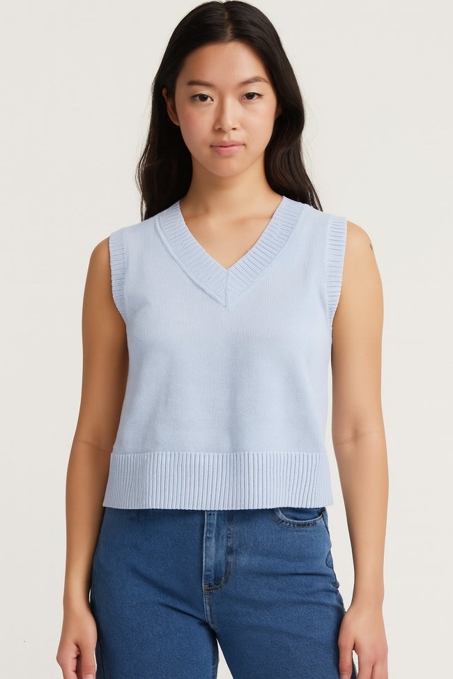 Women Acrylic Sleeveless with V-Neck Blue Solid Sweater Vest