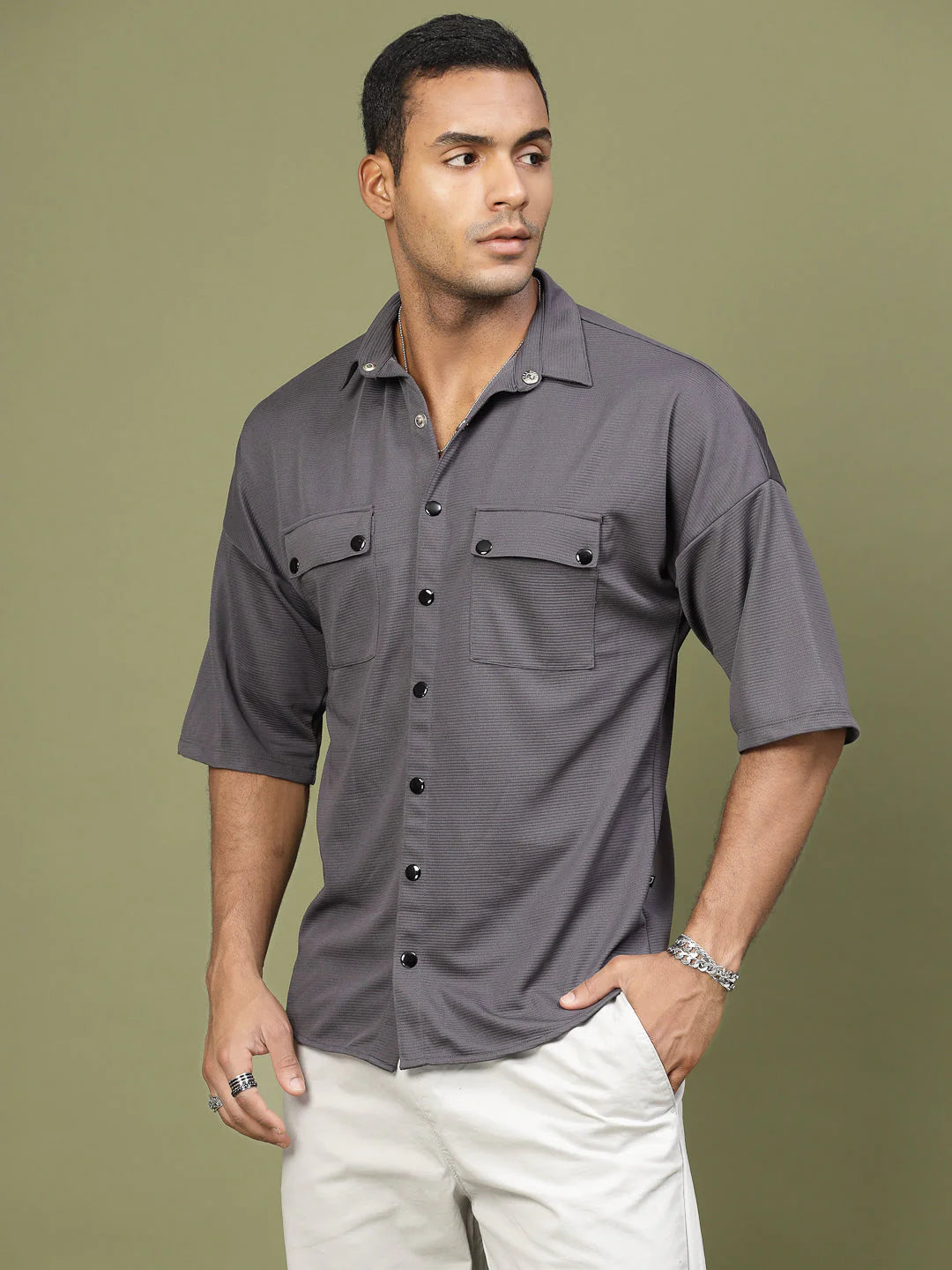 Men Oversized Utility Polyester Shirt